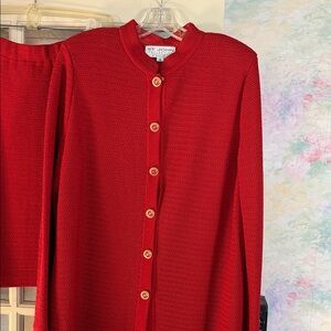 St. John Vibrant Red Knit Cardigan with Gold Accents. Matching Skirt.